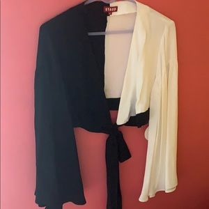 Staud Cropped two-tone crepe de chine wrap top